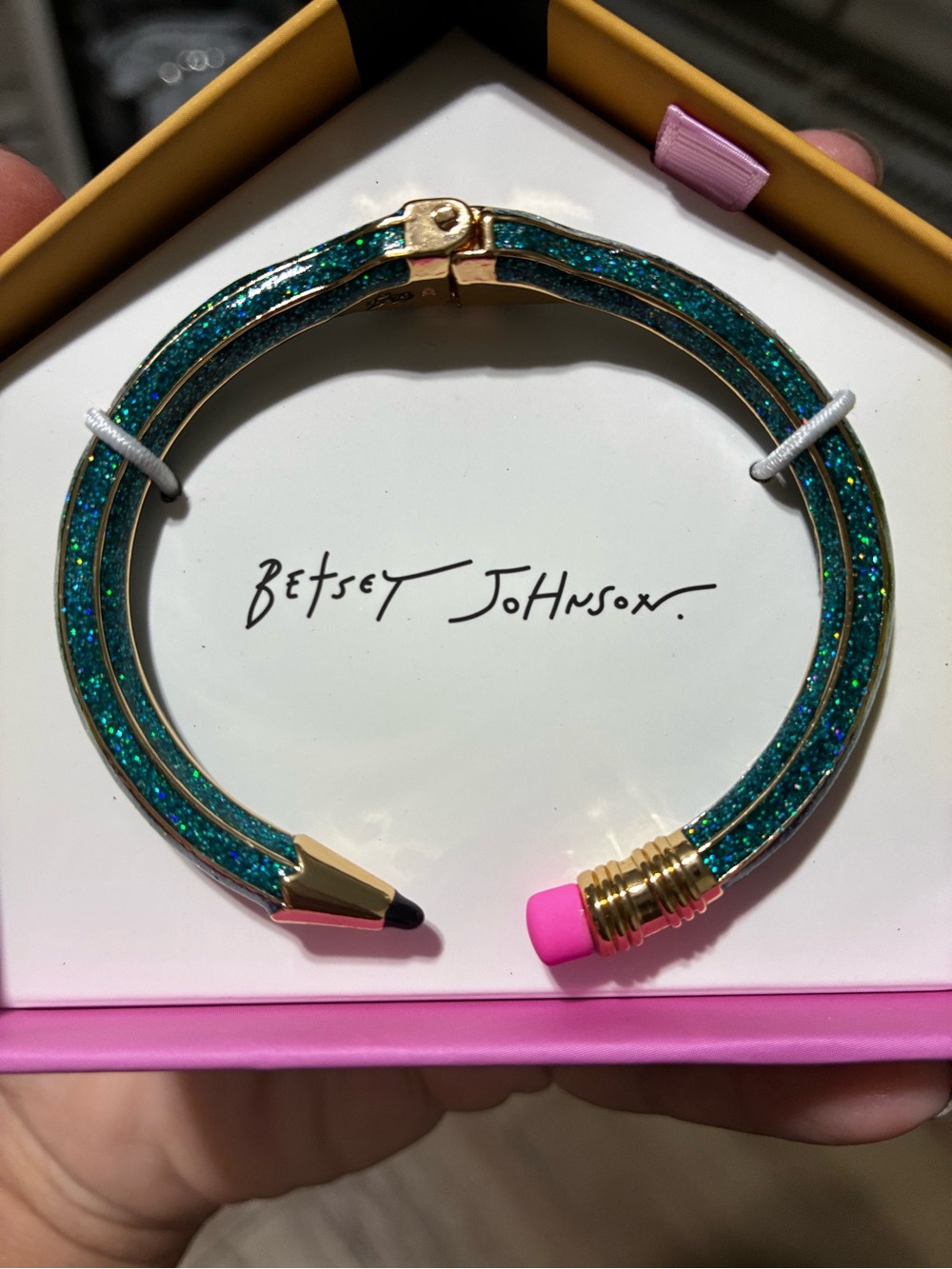 Betsey Johnson Teal Glitter Pencil Bangle Bracelet with Pink Eraser Accent